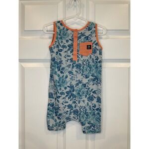 Rags Kids Size 2T Blue Floral Sleeveless Romper‎ Orange Pocket Button Snap